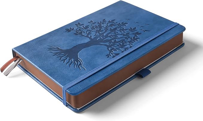 ZXHQ A5 360 Pages Lined Journaling Notebooks with Pen, Journals for Women Men Writing Notebook, Tree of Life Design, Brown Edge Fine Inner Pocket - Blue