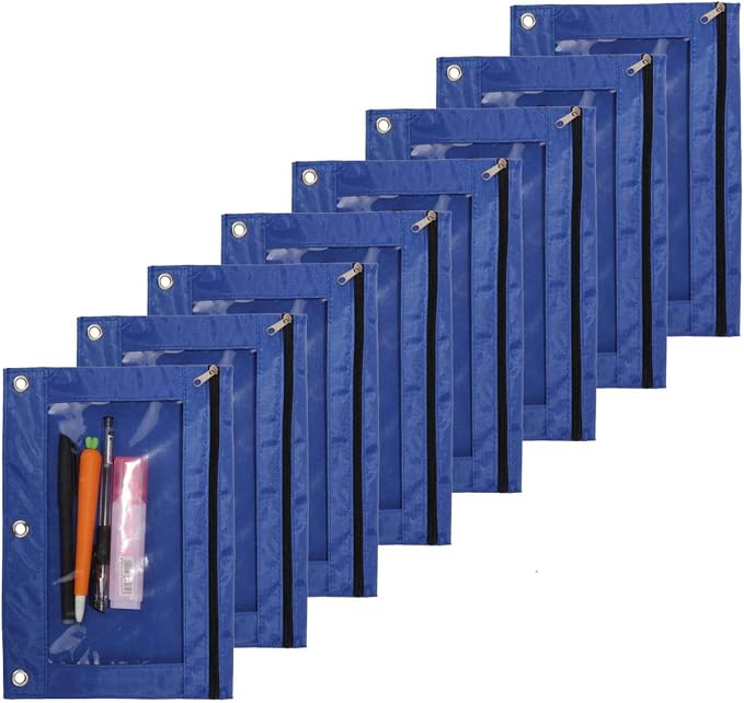Zippered Binder Pen Pencil Pouch | 3 Rings with Clear Window for School Classroom Organizers 8 Pcs (blue)
