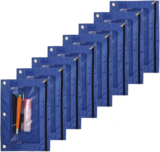 Zippered Binder Pen Pencil Pouch | 3 Rings with Clear Window for School Classroom Organizers 8 Pcs (blue)