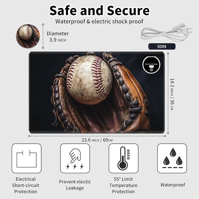 Heated Desk Pad Mouse Pad,Heated Desk Mat,with 3 Heating Levels & 3 Hours Auto Shut-Off,Leather 23.6"*14.2" Gaming Mouse Laptop Mat,Foot Warmer,Retro Baseball