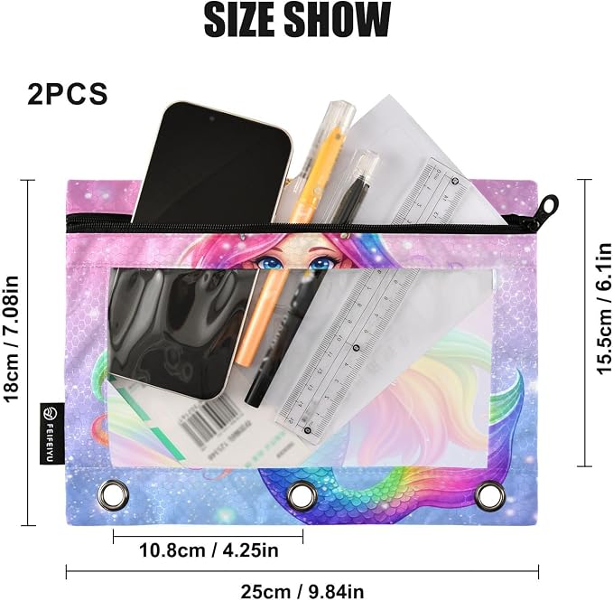 Gredecor 3 Ring Binder Pencil Pouch, Fantasy Mermaid Rainbow (2) Zippered Pen Case Pouches with Clear Window, 2 Pack Stylish Office & School Supplie