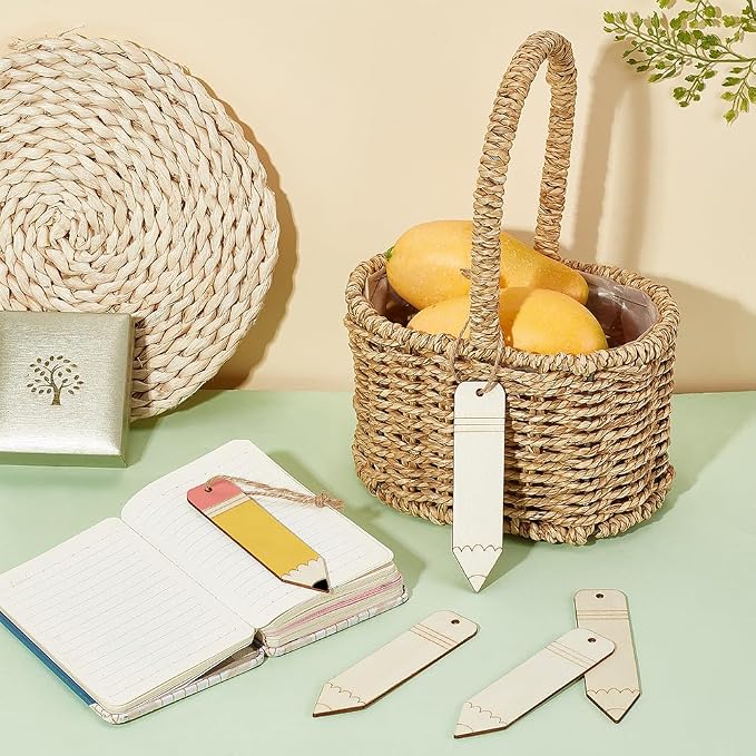 BENECREAT 30Pcs Wooden Pencil Cutouts Back to School Wooden Cutout Blank Labels Tags with Jute Cord Pencil Hanging Ornaments for Teacher Appreciation Week