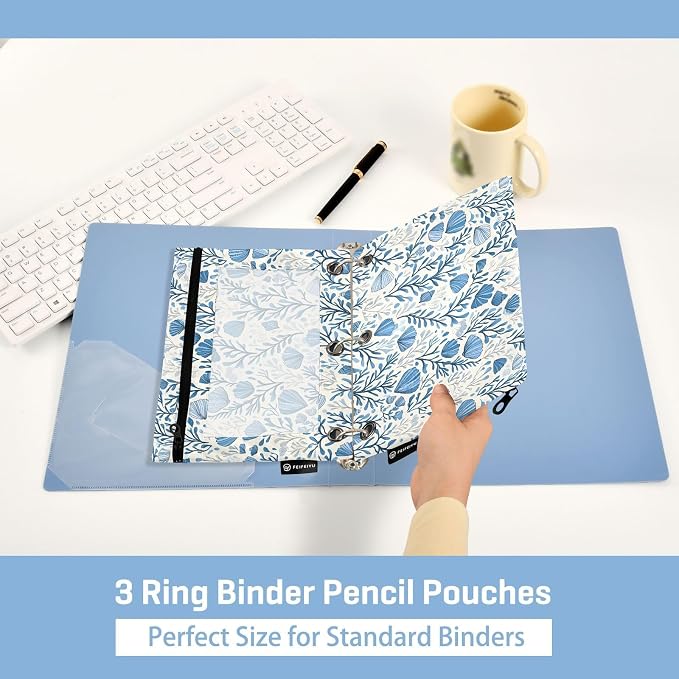 Blue Scallop Seaweed Nautical Coastal Pencil Pouch for 3 Ring Binder 2 Pack Zipper Binder Pencil Bag Case with Clear Window Office School Supplies