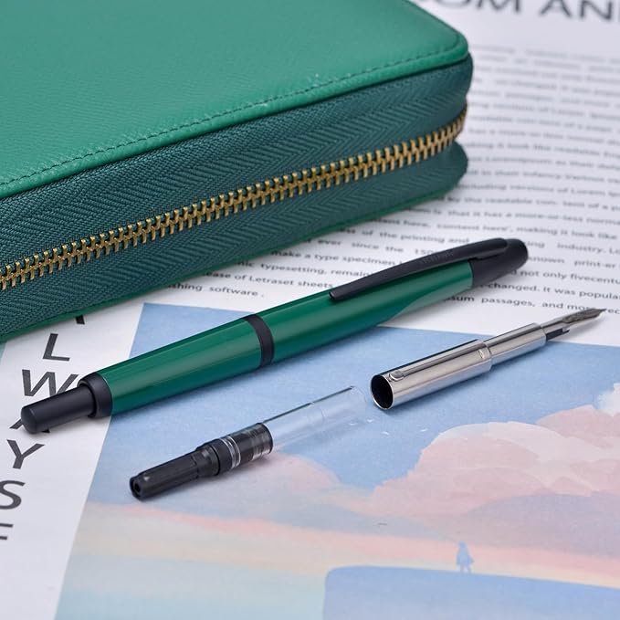 Jinhao 20 Press Retractable Fountain Pen Extra Fine Nib with Converter Resin Writing Gift Pen, Dark Green with Black Clip