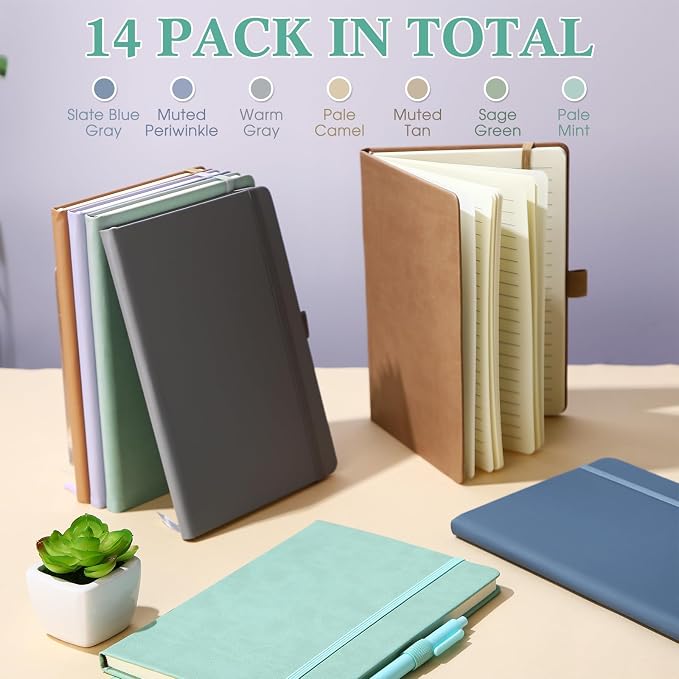 Laumoi 14 Pack Hardcover Journal Notebooks Bulk Journaling Notebook Wide Ruled PU Leather Ruled Lined Journals with Pen Holder for School Business Work Writing (Classic Color,A5)