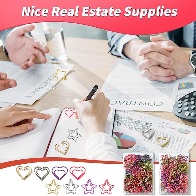 Hesena 200 Pcs Cute Paper Clips Set, 100 Pcs Heart & 100 Pcs Star Shaped Shape Paper Clipss, for Office and Home (Heart Shape+Star Shape)