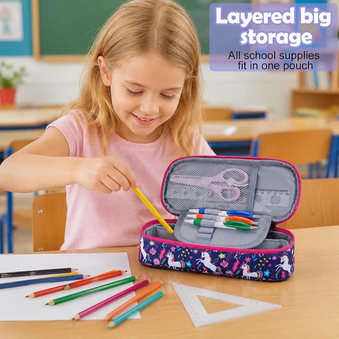 RHCPFOVR Kids Pencil Case for Girls-Soft Zipper Large Capacity Pencil Pouch for Girls Pencil Case for School Pencil Bag for Toddler (Deep Blue Unicorn)