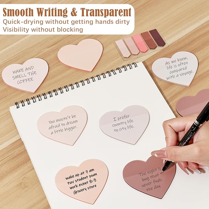 BAYTORY 500 Sheets Heart Shape Transparent Sticky Notes, 2.8 x 2.5 Inch | Colored Self-Stick Notes, Waterproof See Through Memo Pads, for Office & School Study Supplies