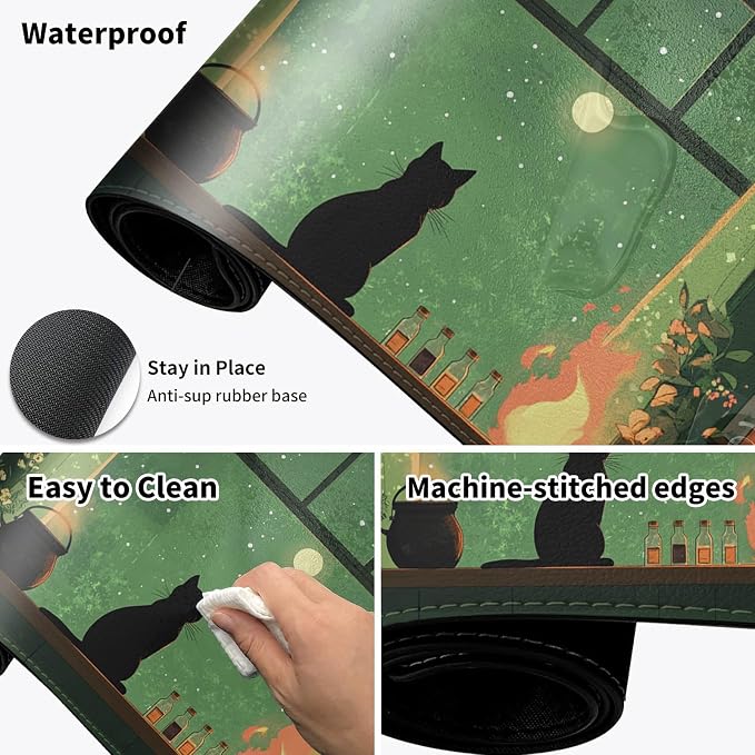 Heated Desk Pad Mouse Pad,Heated Desk Mat,with 3 Heating Levels & 3 Hours Auto Shut-Off,Leather 23.6"*14.2" Gaming Mouse Laptop Mat,Foot Warmer,Cat Green Window