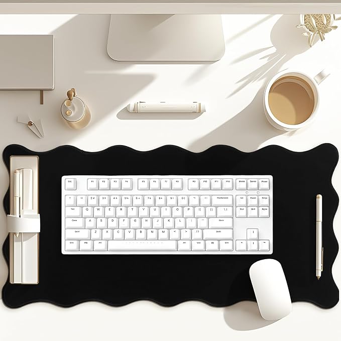 Hahafelt Scalloped Desk Mat Large Desk Pad Cute Coquette Table Mat Back to School Preppy Table Make up Pad Nonslip Graduation Gift with Stitching Waterproof Gaming(Black,31.5 x 15.8 Inches)
