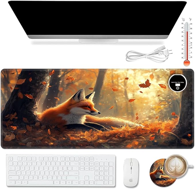 Warm Desk Pad,Heated Desk Pad,Office Mat,3 Heating Levels & 3 Hours Auto Shut-Off,31.5"*13" Gaming Mouse Laptop Keyboard Leather Desk Mat,Cute Fox Forest