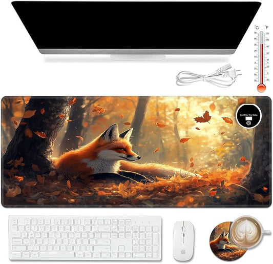 Warm Desk Pad,Heated Desk Pad,Office Mat,3 Heating Levels & 3 Hours Auto Shut-Off,31.5"*13" Gaming Mouse Laptop Keyboard Leather Desk Mat,Cute Fox Forest