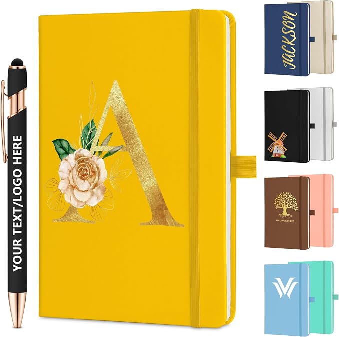 ENOMY Personalized Notebook Journal & 10 PC Pens Gift Set Custom Notebook A5 200 Pages A5 Lined Journal for Men Women Hardcover Notebooks for Work College Graduation Gifts, Yellow