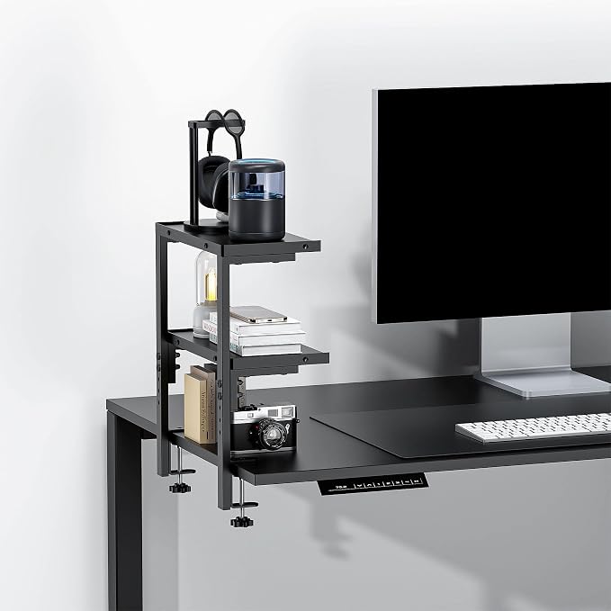 Spacrea Clamp on Desk Shelf, 2 Tier Office Desk Shelves Organizer, Wood Desktop Supplies Storage Rack, Desk Organizers and Accessories (Black)