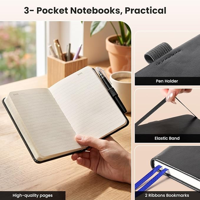 AISBUGUR Small Notebook Journal - 3 Pack Total 480 Pages - Pocket Notebooks with Pens for Work - 3.7" x 5.7" A6 Notebook - Hardcover Mini Notebooks