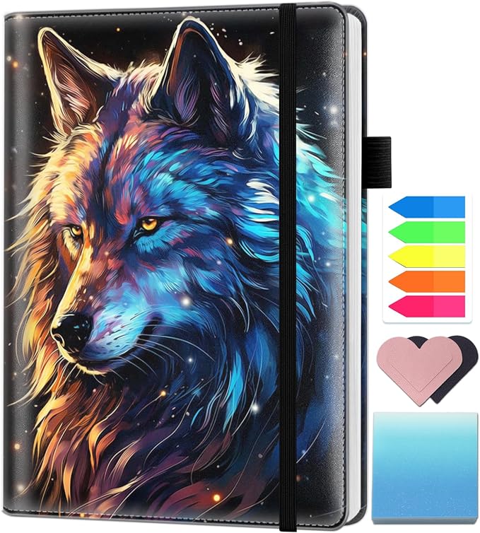 A5 Leather Lined Journal Notebook, 200 Pages Hardcover Executive Notebook for Men Women Office School Note Taking, Thick Writing Paper Daily Journal with Bookmarks/Indexes, Wolf