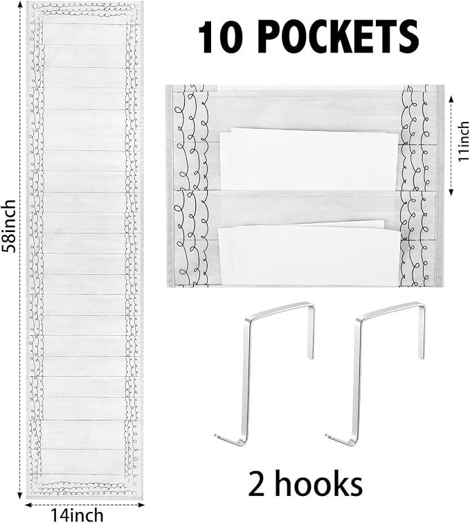 MotiMind Retro Style10 Pockets Wall Hanging File Folders File Storage Pocket Chart for Classroom Hanging Wall Organizer with 2 over The Door Hangers, 58" x 14" for School Classroom Office Home