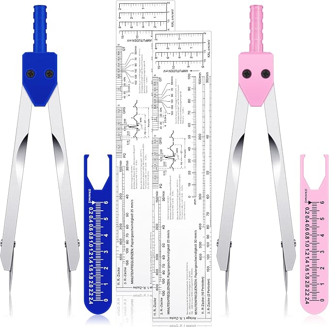 Tondiamo 2 Pack Ekg Calipers Ekg Ruler Card Combination Set Ecg Drafting Electrocardiographs Measuring Tool for Doctors, Nurses, Medical Student(Pink and Blue)