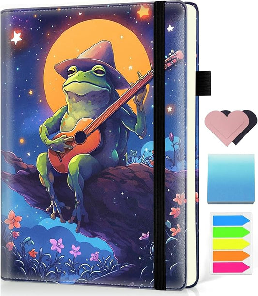 Hardcover Executive Notebooks, A5 PU Leather Lined Journal Notebook, 200 Pages Thick Paper Subject Notebooks for School,Work,Home Writing Business Notebook, Diary Book ， Watercolor Frog