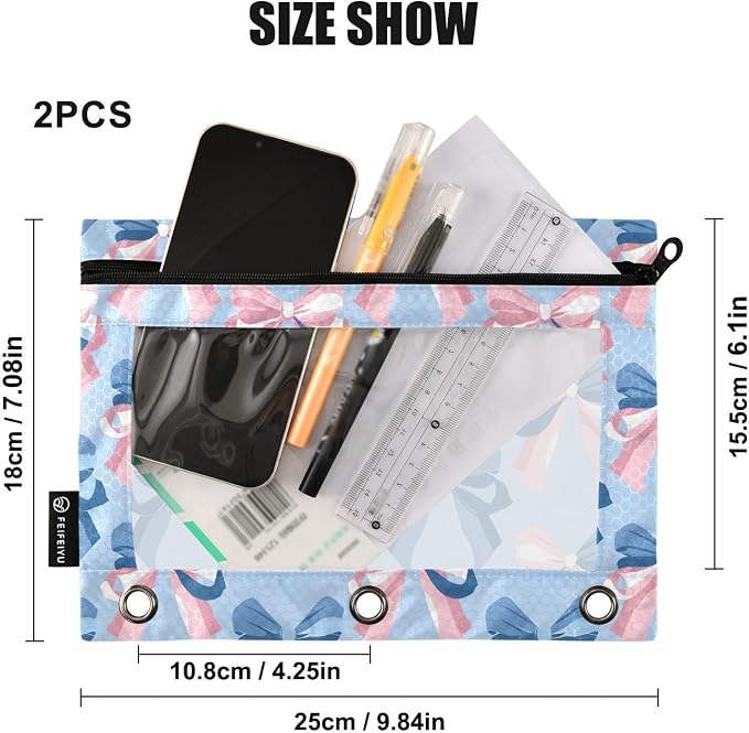 Pink Bow Blue Pattern Pencil Pouch for 3 Ring Binder 2 Pack Zipper Binder Pencil Bag with Clear Window Pencil Case for Office Supplies
