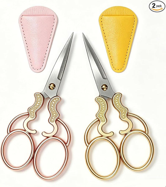 2 PCS Fabric Scissors with 2 Covers- 5-Inch Retro Stainless Steel Precision Scissors, Corrosion & Rust Resistant, Sharp Cutting, Lightweight–Suitable for Embroidery Thread, Paper, Yarn
