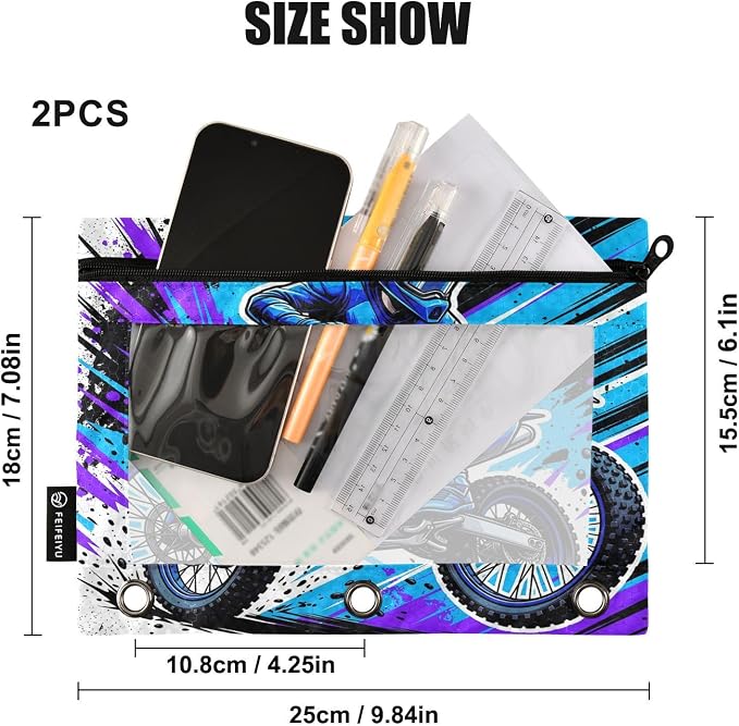 Gredecor 3 Ring Binder Pencil Pouch, Motocross Rider Dirt Bike Zippered Pen Case Pouches with Clear Window, 2 Pack Stylish Office & School Supplie