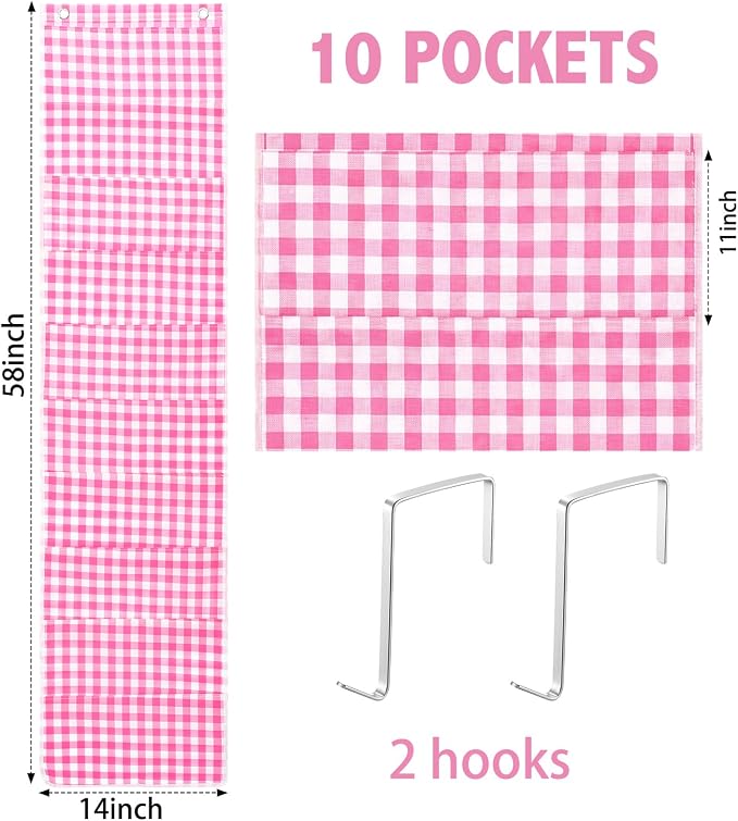 Motimind Pink Plaid 10 Pockets Wall Hanging File Folders File Storage Pocket Chart for Classroom Hanging Wall Organizer with 2 Over The Door Hangers, 58" x 14" for School Classroom Office Home