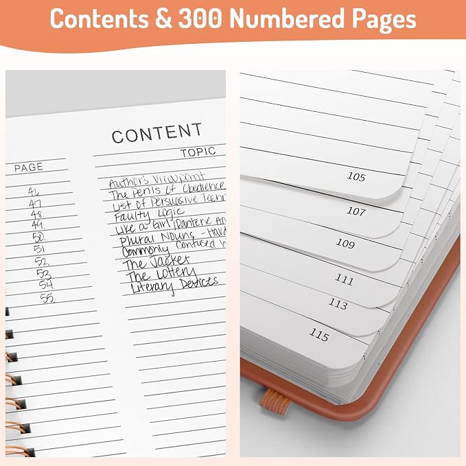 Forvencer A4 Lined Spiral Journal Notebook with 300 Numbered Pages, 11" X 8.5" Thick Journals for Writing with 100GSM Paper, Hardcover Notebooks with Contents for Work, School, Orange