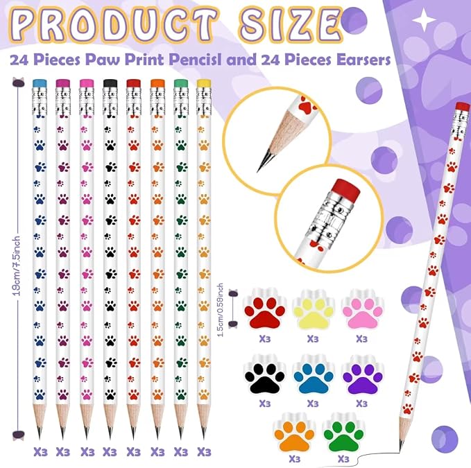 Weecent 48 Pcs Paw Print Pencil Eraser Sets Colorful Wooden Pencils with Paw Eraser for Kids Dog Themed Birthday Party Favors Welcome Back to School Favors Office Supplies