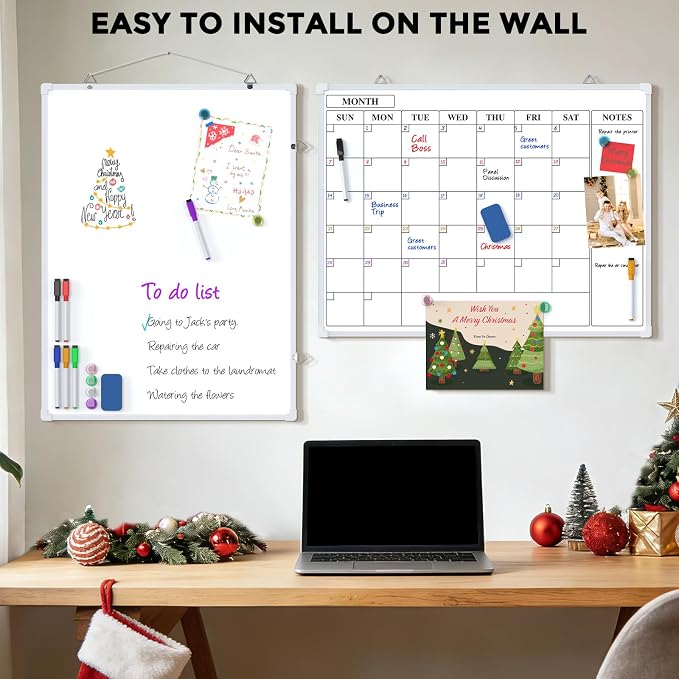 MaxGear Monthly Calendar Dry Erase Board for Wall, 24"x18", Aluminum Frame | Double-sided, magnetic surface, Includes 6 Markers & 6 Magnets, portable for Planning, Memo, to Do List, Home Office Kitchen
