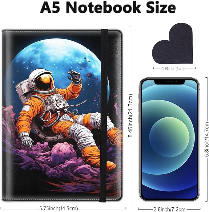 A5 Leather Lined Journal Notebook, 200 Pages Hardcover Executive Notebook for Men Women Office School Note Taking, Thick Writing Paper Daily Journal with Bookmarks/Indexes, Psychedelic Astronaut