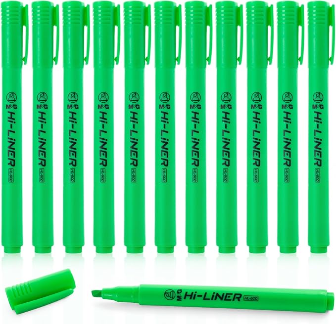 M&G Liner Highlighters, 12-Count Pack Green Highlighters, Chisel Tip No Bleed Highlighter Pens for Office Documents, Planning, and Everyday Organization
