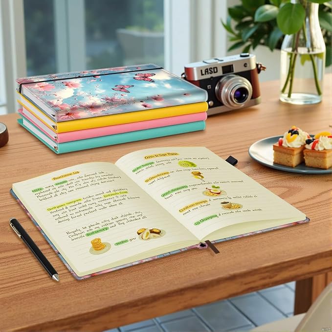 Hardcover Executive Notebooks, A5 PU Leather Lined Journal Notebook, 200 Pages Thick Paper Subject Notebooks for School,Work,Home Writing Business Notebook, Diary Book ，Butterflies and Pink Flowers