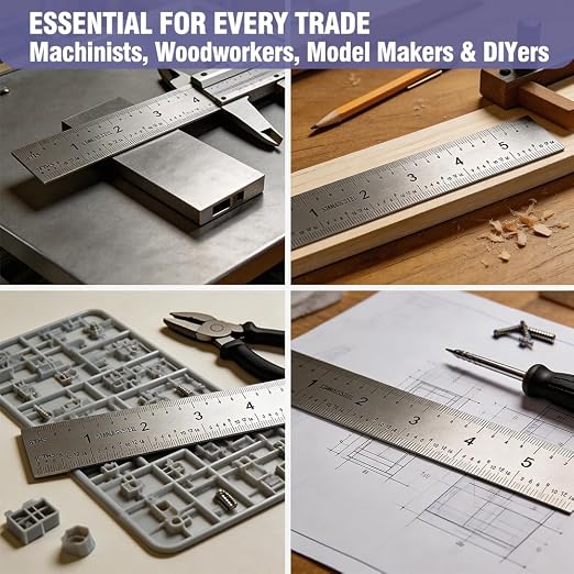 6 Inch Machinist Ruler Set - 4 Pack Stainless Steel Precision Double Sided Ruler with 1/64, 1/32, 1/16 & 1/8 Inch Graduations, Etched Markings - for Engineers,Woodworking and DIY (4, 6 Inch)