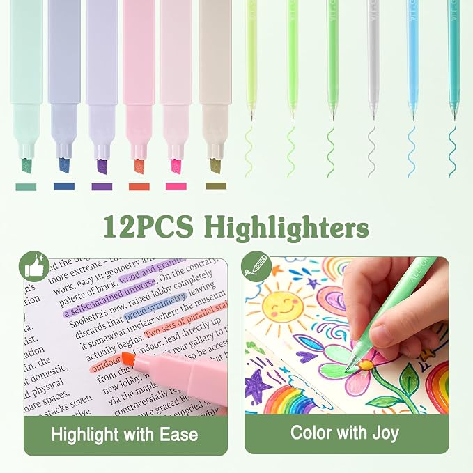 MoKo Pencil Case with Supplies, 49Pcs Aesthetic School Set, Green | Includes gel pens, highlighters, 0.5 mm mechanical pencils and refills, an eraser, sticky notes and index tabs.