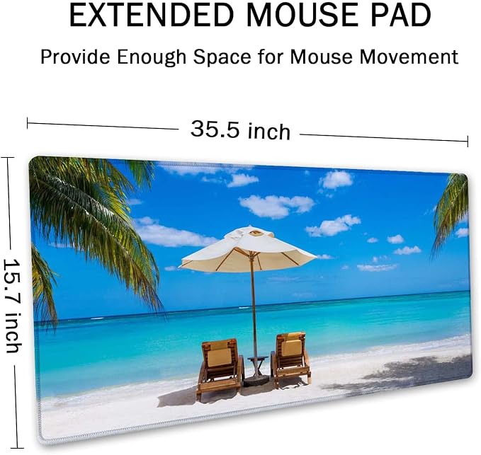 SSOIU Gaming Mouse Pad, Extended Mouse Pad, 35.5x15.7inch XXL Large Big Computer Keyboard Mouse Mat Desk Pad with Non-Slip Base and Stitched Edge for Home Office Gaming Work, Turquoise Tropical Sea