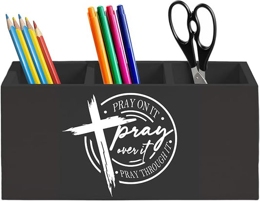 Pray on It Pray over It Christian Pen Holder for Home Office Desk, Black Cross Inspirational Bible Verse Wooden Box Sign Pencil Holder for Desk Shelf Organizer