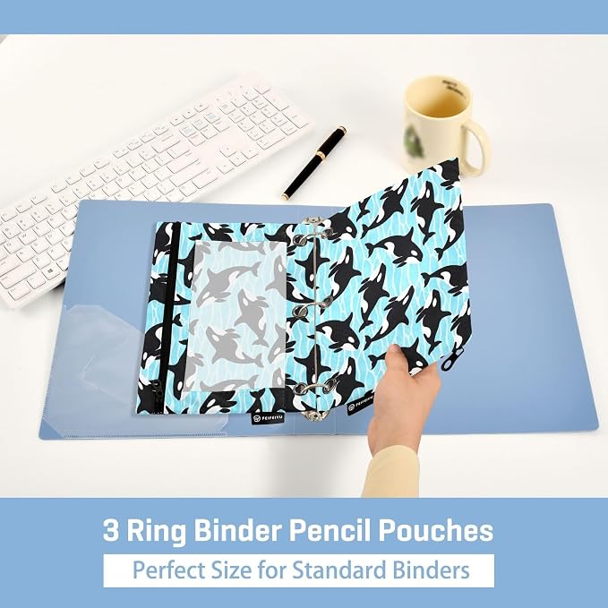 Orca Killer Whale Pencil Pouches for 3 Ring Binder, Zipper Binder Pencil Case, 2 Pack Clear Window Case Bag for Office Organizers