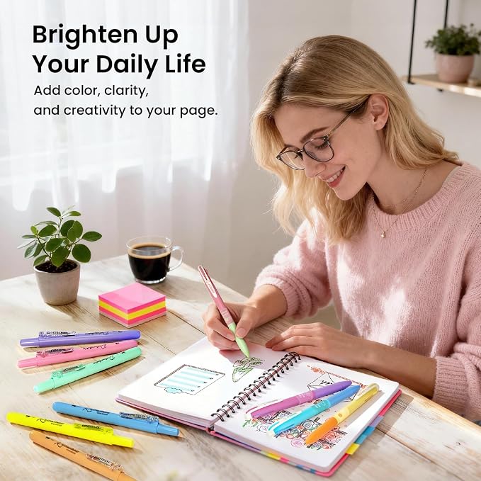 WRITECH Gel Pens Journaling Highlighters: Journal Set Aesthetic Assorted Pastel Color Ink 0.5mm Fine Point Retractable 2 in 1 Pen Smooth Writing Drawing 10ct