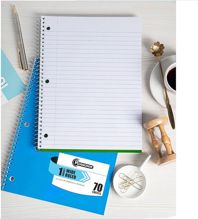 Rosmonde 1000 Packs (Pallet) 1 Subject Notebooks, Spiral Notebook Bulk, Wide Ruled, Pallet of Notebooks, 70 Sheets (140 pages), 8 x 10-1/2", Bulk Spiral Notebooks for School & Office, 4-7 Days Transit