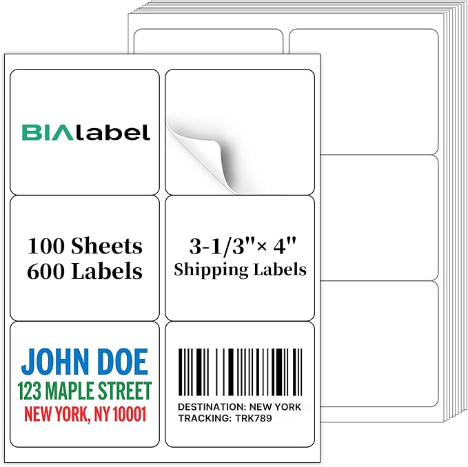 600 Labels 6-Up 3-1/3" x 4'' Shipping Address Barcode Labels for Laser & Inkjet Printers, 100 Sheets, White, Permanent Adhesive, BIAlabel