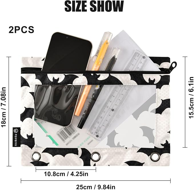 Gredecor 3 Ring Binder Pencil Pouch, Black White Bats-2 Zippered Pen Case Pouches with Clear Window, 2 Pack Stylish Office & School Supplie