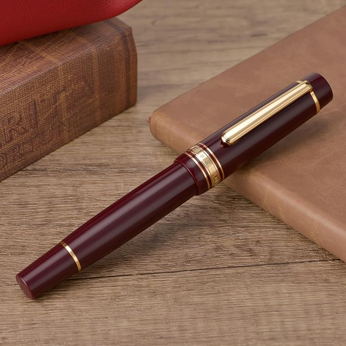 Wikult Yongsheng Junlai 930 Acrylic Fountain Pen, Size 9 Fine Nib with Piston Filling System, Wine Red Fence Ink Tank with Flat Top Design Smooth Writing Pen (Gold Trim)