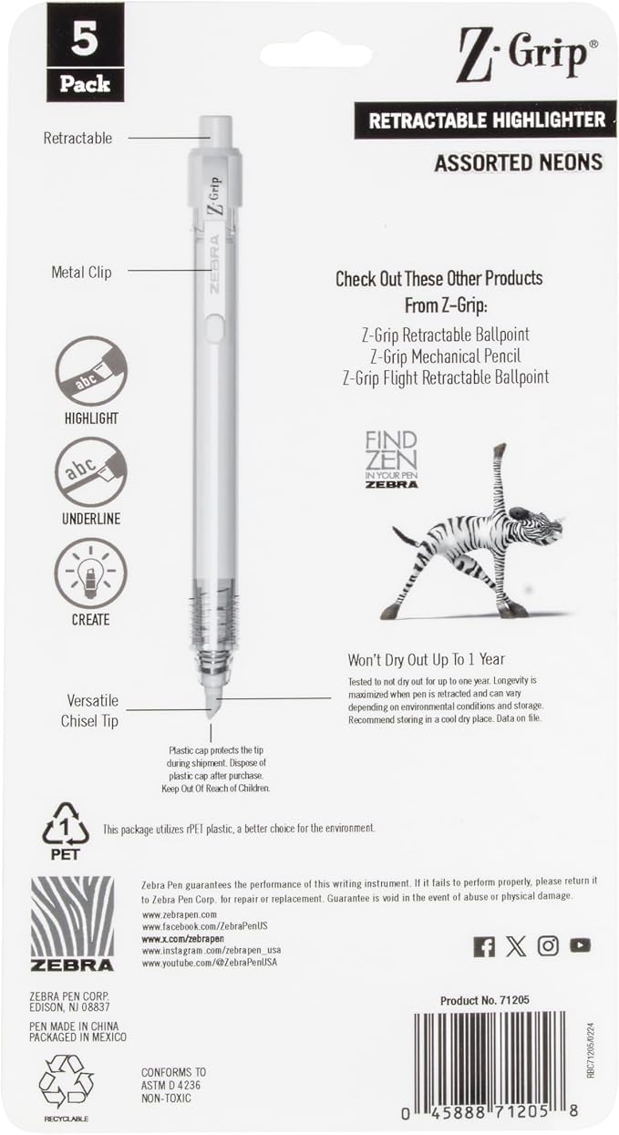 Zebra Pen Z-Grip Retractable Highlighter, Assorted, Chisel Tip, 5-Pack | Metal Clip, Ideal for School, Office and Teacher Supplies, Note-Taking, Studying, and Planners, Transparent Barrel (71205)
