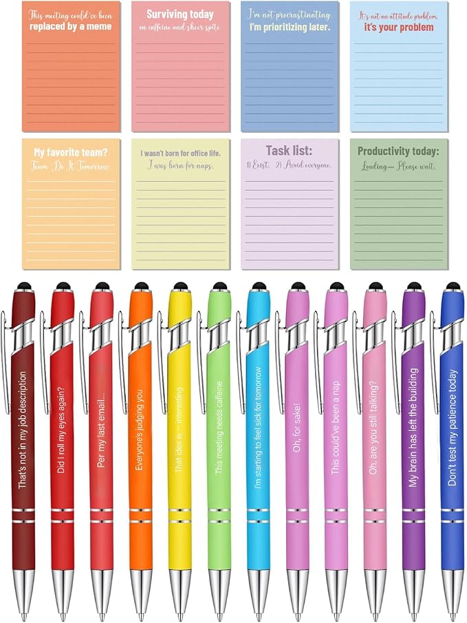 Mr. Pen- Sarcastic Sticky Notes and Funny Stylus Pens, 20 Pack | 3" x 4" Sticky Notes, 8 Pads, 240 Sheets, 12 Black Ink Funny Pens with Stylus Tips for Reminders