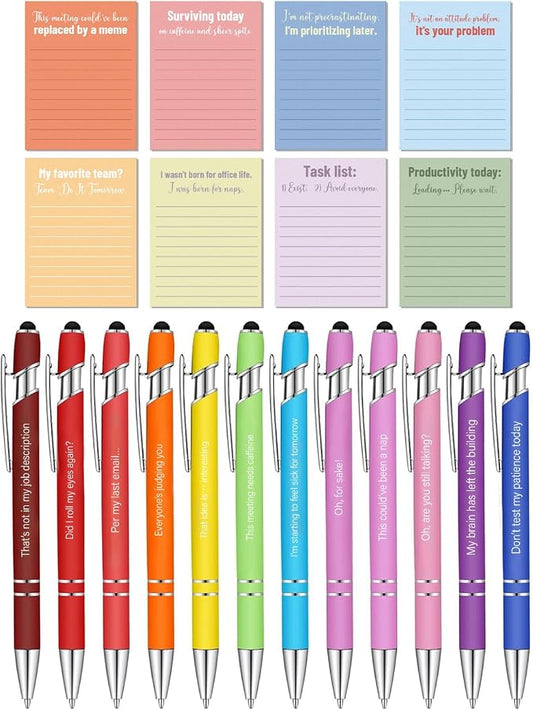 Mr. Pen- Sarcastic Sticky Notes and Funny Stylus Pens, 20 Pack | 3" x 4" Sticky Notes, 8 Pads, 240 Sheets, 12 Black Ink Funny Pens with Stylus Tips for Reminders