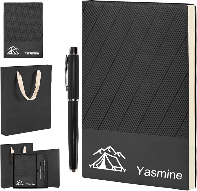 ENOMY Personalized Notebook Set with Pen & Gift Box A5 Leather Custom Notebook 200 Pages Lined Journal for Work,Business,College,Travel,Birthday,Valentine's Day Gift, Black