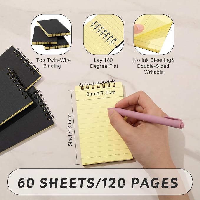 Tenceur 2 Pcs Pocket Notebook Small 3x5 Inch Black Cover Yellow Page Top Spiral Notepads Bound Notebook with Lined 120 Pages Mini Memo Pads for Office College Nurse Essentials Back to School Gift