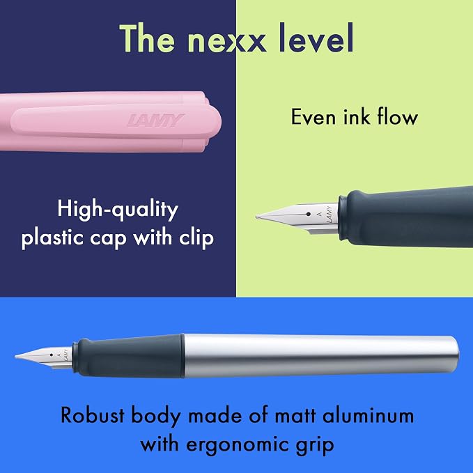LAMY nexx rose – Fountain Pen with slip-proof grip & polished steel nib in size A - triangular aluminum body - including LAMY T 10 blue cartridge - Right-Handed