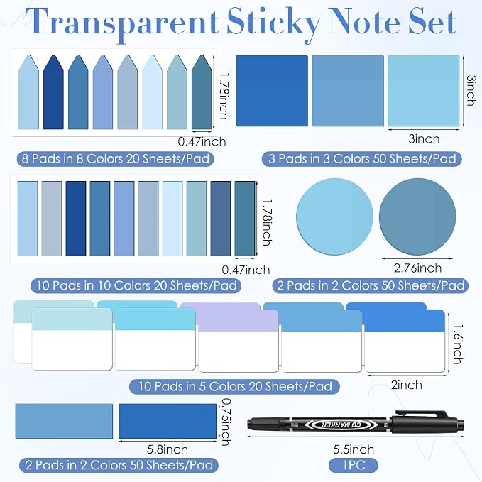 Glenmal Transparent Sticky Note Set 910 Sheets Translucent Clear Self-Adhesive Sticky Notes Bulk Gradient Color Waterproof for Bible Tabs Book Tabs Office Study Supplies Book Annotation (Blue)